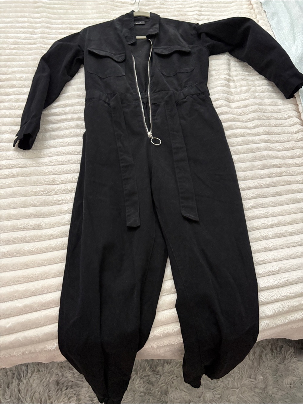 Vici Black Utility Jumpsuit with Waist Tie and Front Zip